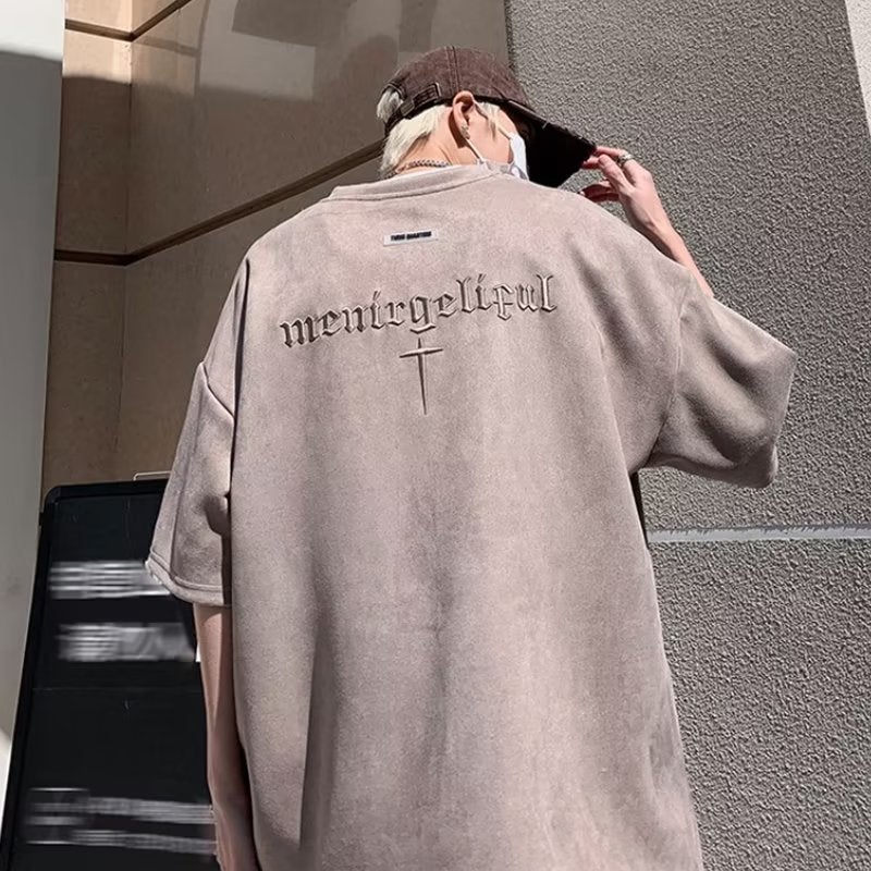 2023 suede American retro short sleeve T-shirt men's summer heavy loose half sleeve high street half sleeve t-shirt - Image 2