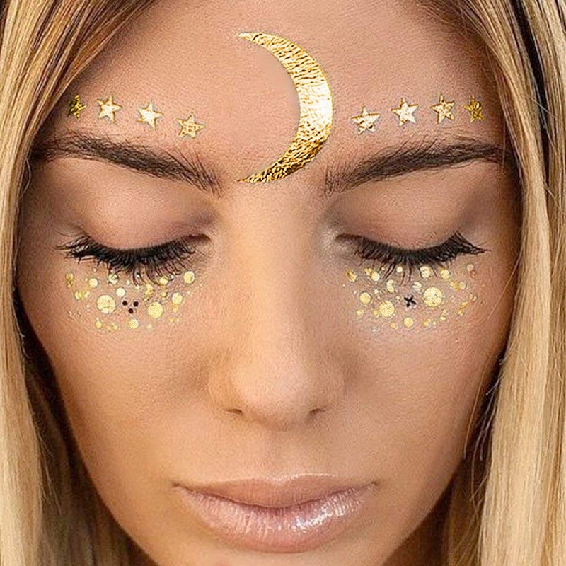 LINGPAR Face Tattoo Sticker Metallic Shiny Temporary Water Transfer Tattoo for Professional Make Up Dancer Costume Parties, Shows Gold Glitter - Image 1