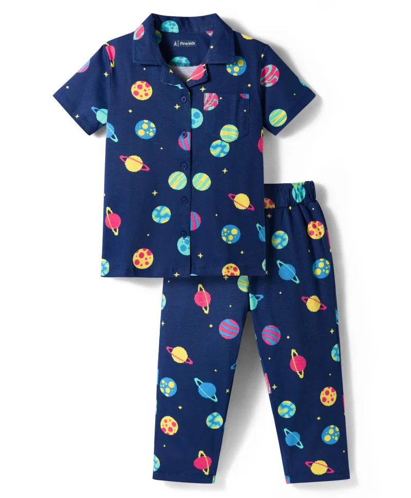 Pine Kids Pine Kids Cotton Knit Half Sleeves Co-ords Night Suit With Space Theme Print - Blue