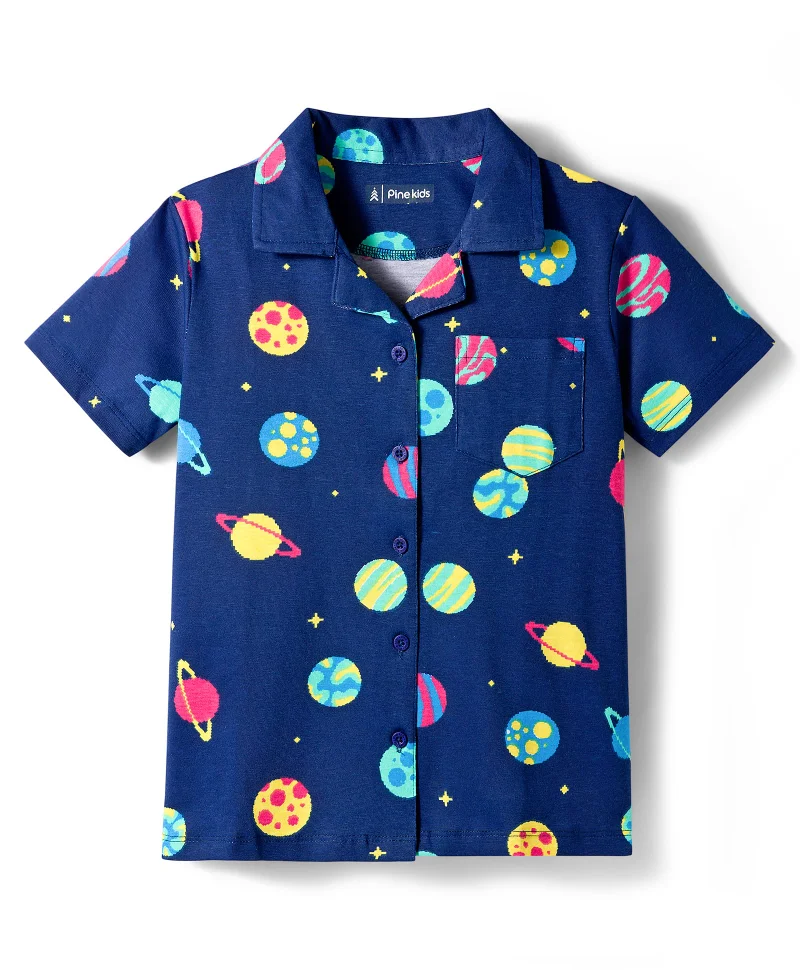 Pine Kids Pine Kids Cotton Knit Half Sleeves Co-ords Night Suit With Space Theme Print - Blue