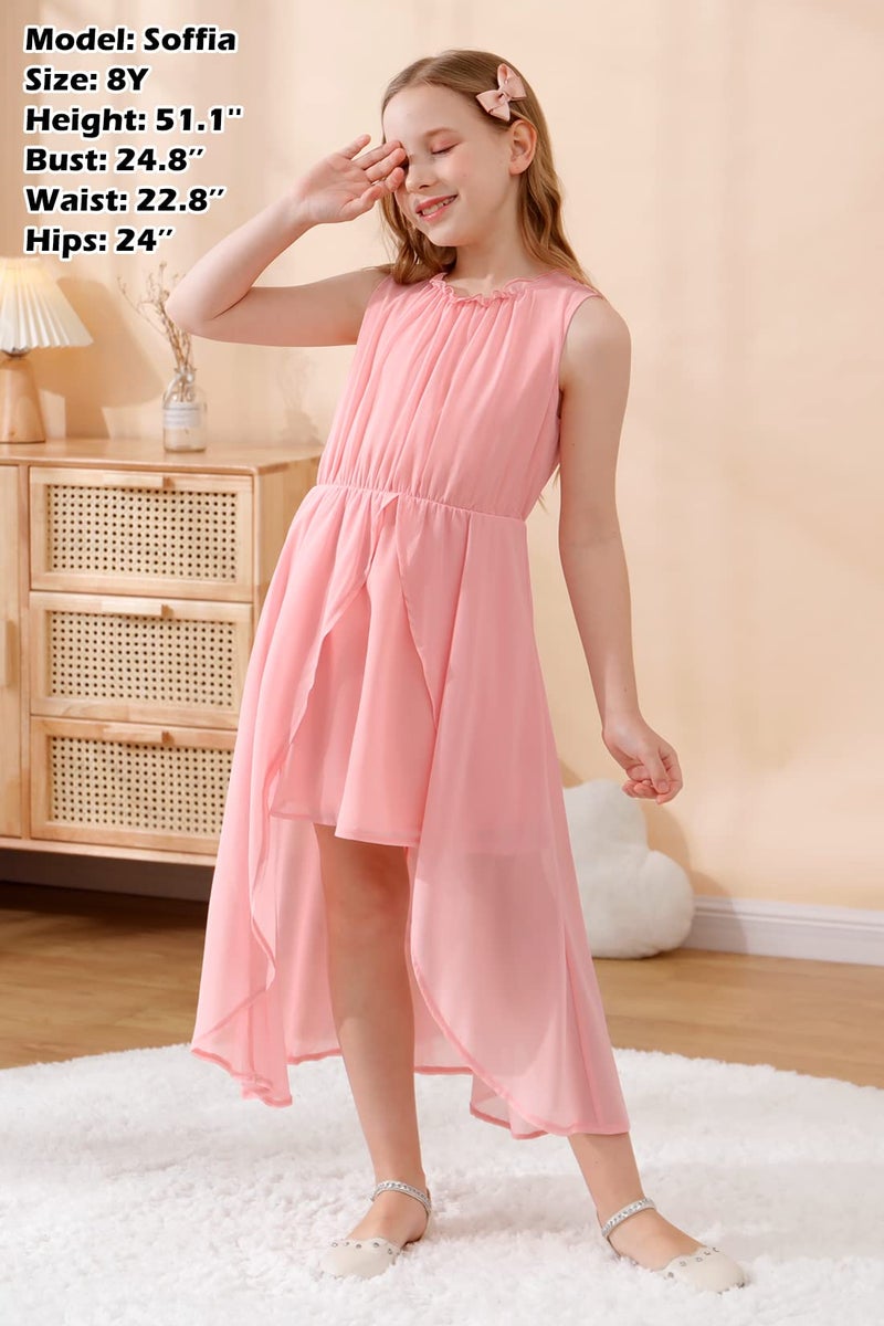 GORLYA Girls Sleeveless Ruffle Neck Hi-Lo Hem Overlay Formal Occasin Chiffon Long Party Dress 4-14T(GOR1154,12Y,Pink) - Image 5