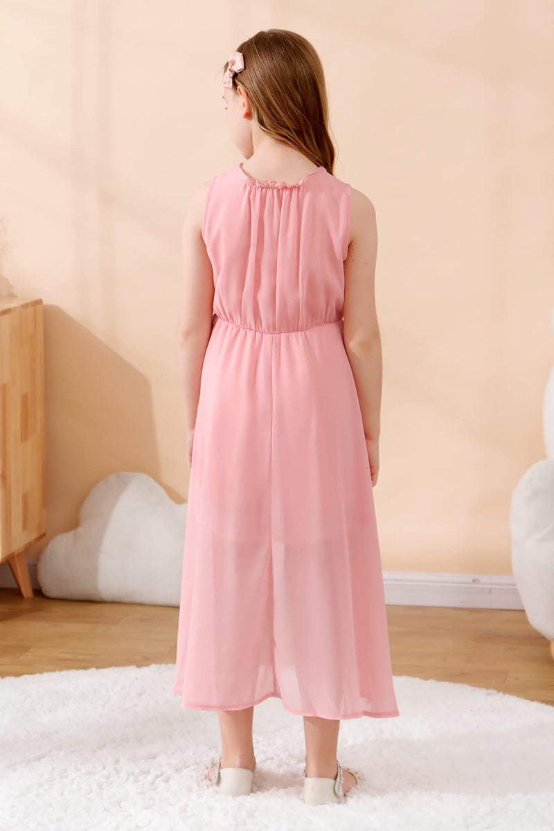 GORLYA Girls Sleeveless Ruffle Neck Hi-Lo Hem Overlay Formal Occasin Chiffon Long Party Dress 4-14T(GOR1154,12Y,Pink) - Image 2
