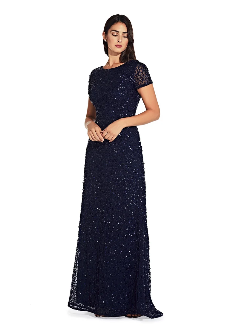 Adrianna Papell Crew Neck Sequin Maxi Dress