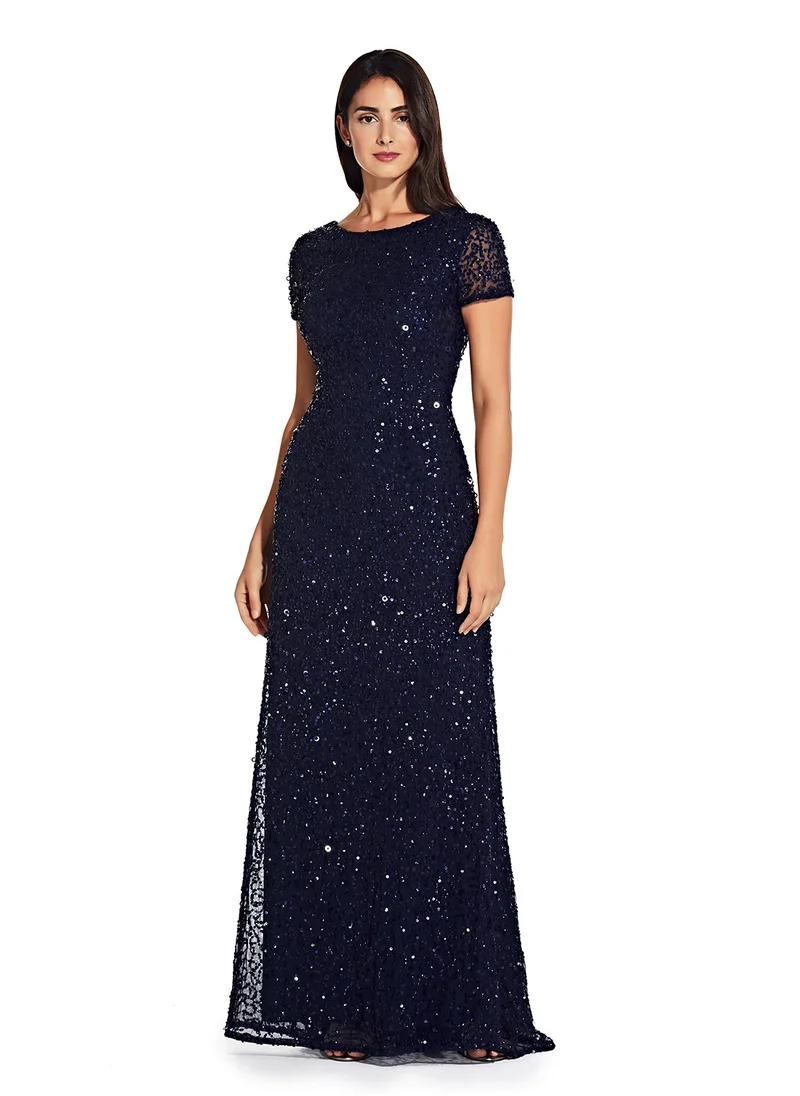Adrianna Papell Crew Neck Sequin Maxi Dress