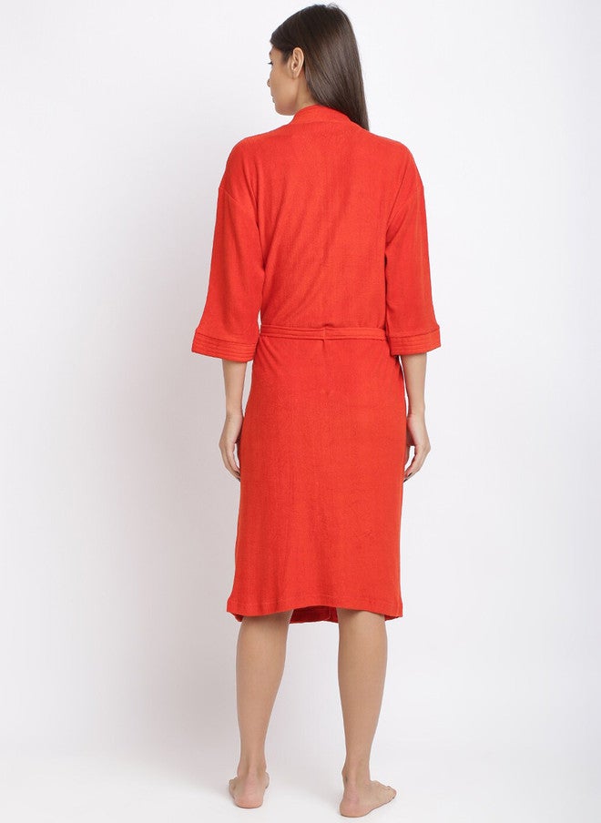 Red Rose RedRose Red Solid Cotton Drawstring Knee Length Bath Robe - XL - Image 4