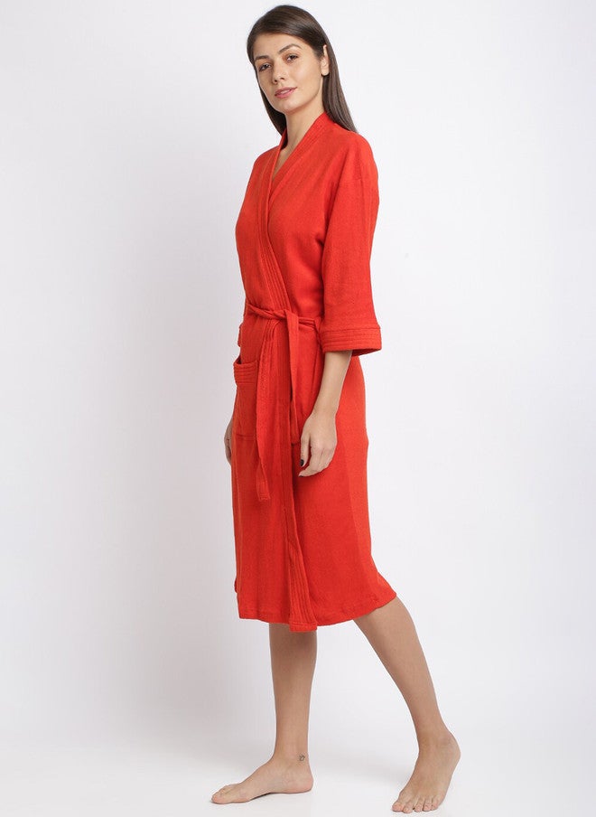 Red Rose RedRose Red Solid Cotton Drawstring Knee Length Bath Robe - XL - Image 5