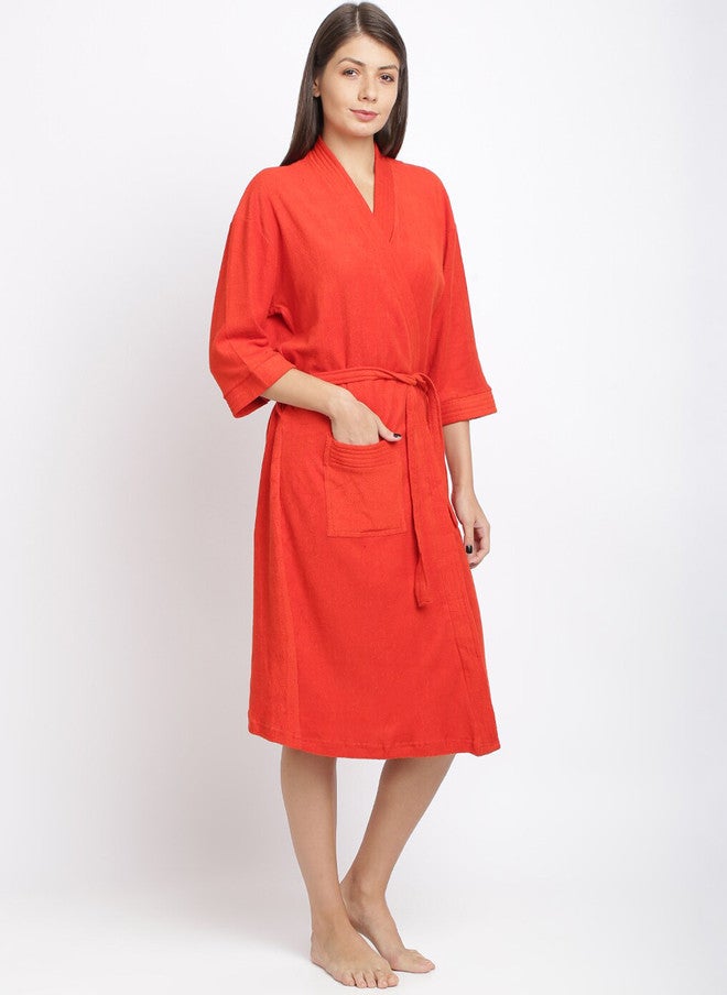 Red Rose RedRose Red Solid Cotton Drawstring Knee Length Bath Robe - XL - Image 3