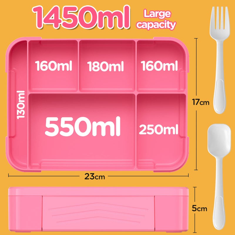 Jelife Kids Bento Box Lunch Box - 1450ml Leakproof 6 Compartments Bento Lunchbox Kids Lunch Boxes with Food Utensils for Back to School  Book-Style Lunch Snack Containers for Toddler Daycare  Pink - Image 5