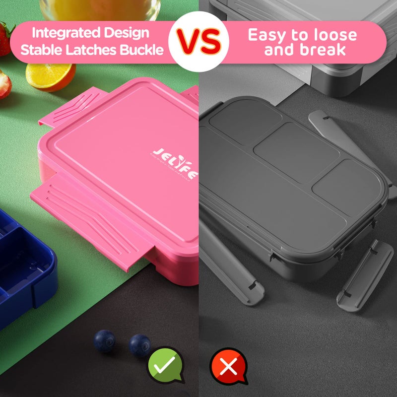 Jelife Kids Bento Box Lunch Box - 1450ml Leakproof 6 Compartments Bento Lunchbox Kids Lunch Boxes with Food Utensils for Back to School  Book-Style Lunch Snack Containers for Toddler Daycare  Pink - Image 3