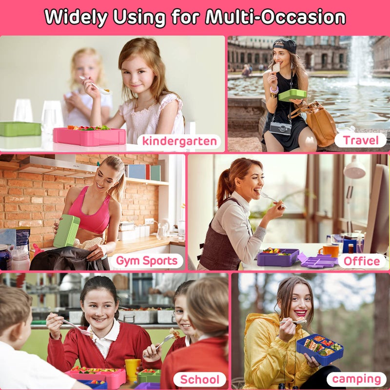 Jelife Kids Bento Box Lunch Box - 1450ml Leakproof 6 Compartments Bento Lunchbox Kids Lunch Boxes with Food Utensils for Back to School  Book-Style Lunch Snack Containers for Toddler Daycare  Pink - Image 4