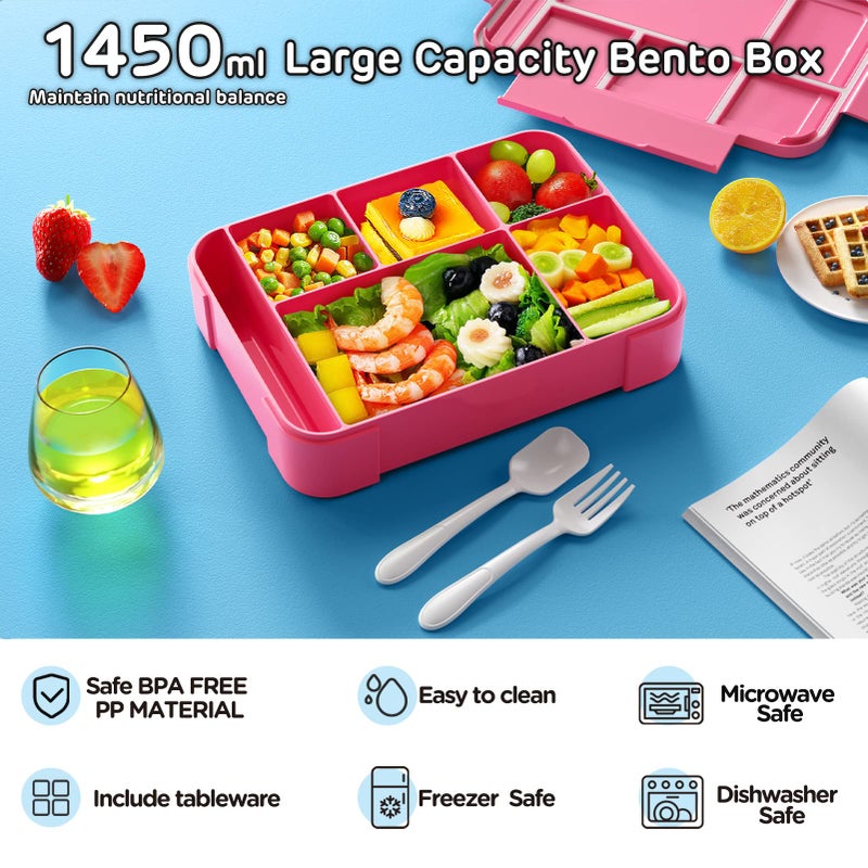 Jelife Kids Bento Box Lunch Box - 1450ml Leakproof 6 Compartments Bento Lunchbox Kids Lunch Boxes with Food Utensils for Back to School  Book-Style Lunch Snack Containers for Toddler Daycare  Pink - Image 2