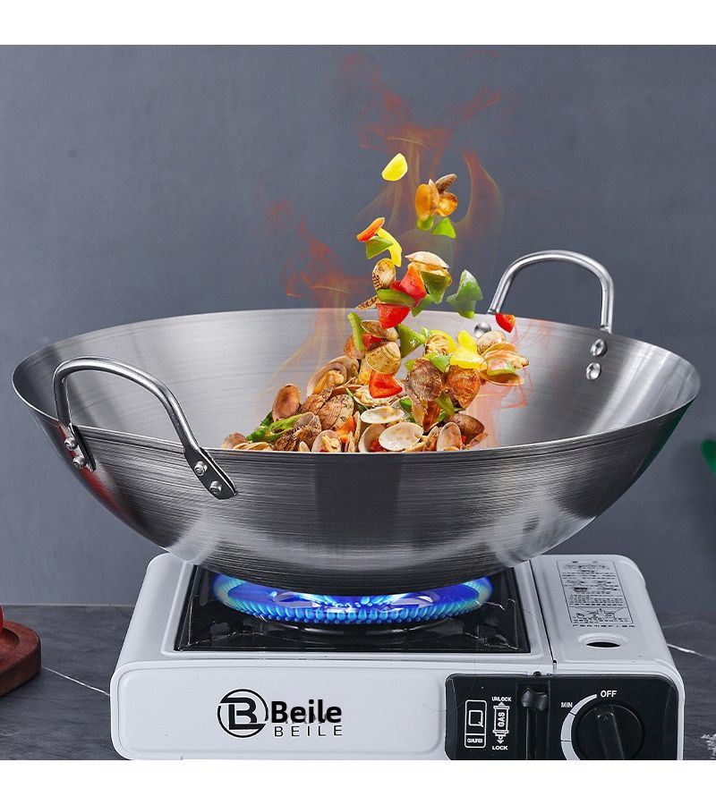 12.6 Inch Diameter Heavy Duty Stainless Steel Double Handled Wok with Non Stick Sanded Surface Commercial Grade for Kitchen and Home Use - Image 2
