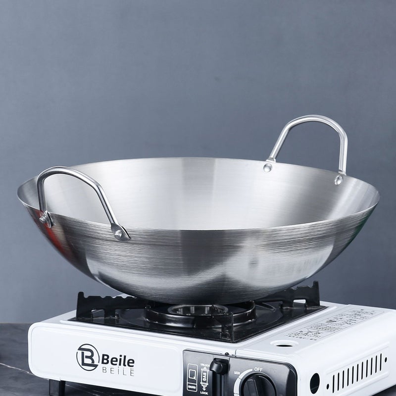 12.6 Inch Diameter Heavy Duty Stainless Steel Double Handled Wok with Non Stick Sanded Surface Commercial Grade for Kitchen and Home Use - Image 4