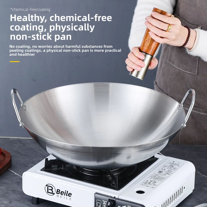 12.6 Inch Diameter Heavy Duty Stainless Steel Double Handled Wok with Non Stick Sanded Surface Commercial Grade for Kitchen and Home Use - Image 1