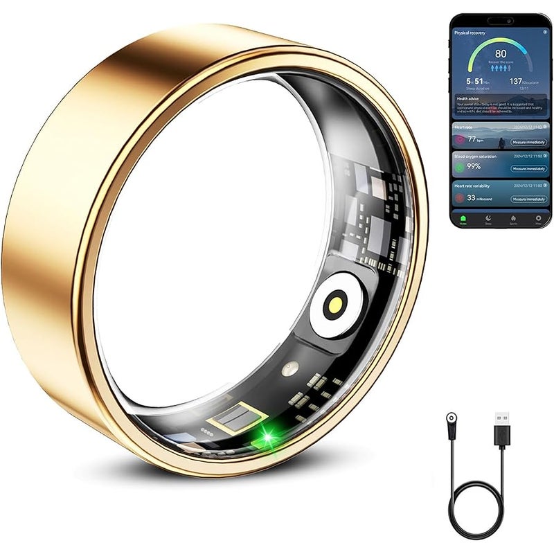 Arabest Smart Ring for Women & Men, Smart Ring Health Tracker, Blood Oxygen & Heart Rate Monitor, Long Lasting Battery Sleep Ring, Waterproof Fitness Ring (Gold, #7) - Image 1