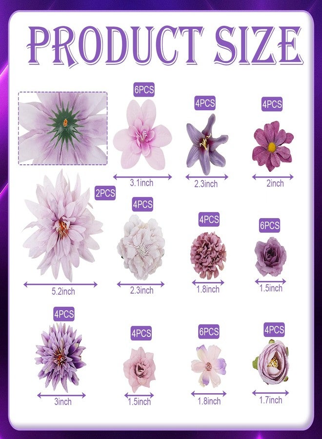 LACGO 48 PCS Artificial Flowers Heads, Fake Daisy Heads Bulk Silk Faux Rose DIY Cake Decor Blossom Garland Wreath Bouquets Crafts for Halloween Wedding Bridal Baby Shower Home Party Decoration(Purple) - Image 2