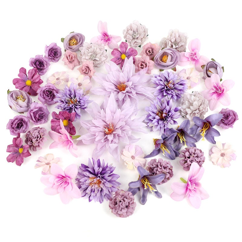 LACGO 48 PCS Artificial Flowers Heads, Fake Daisy Heads Bulk Silk Faux Rose DIY Cake Decor Blossom Garland Wreath Bouquets Crafts for Halloween Wedding Bridal Baby Shower Home Party Decoration(Purple) - Image 1