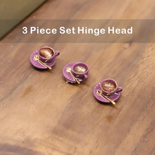 RillyRellow Hinge Head Tea Cup Coffee Hostess Hinge Decorative Topper Miniature Magnetic Figurine Door Decor Whimsical Quirky Home Decor Micro Lover Gift Cute Tea Cup Decor 3 per Set Plum - Image 3