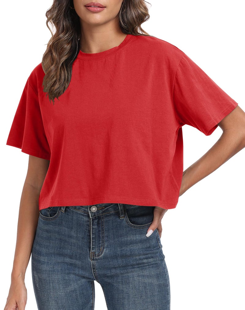 PRIMODA Women's Oversized Workout Red Valentines Cropped T Shirts Crew Neck Short Sleeve Casual Loose Summer Crop Tee Tops Cotton, M - Image 1