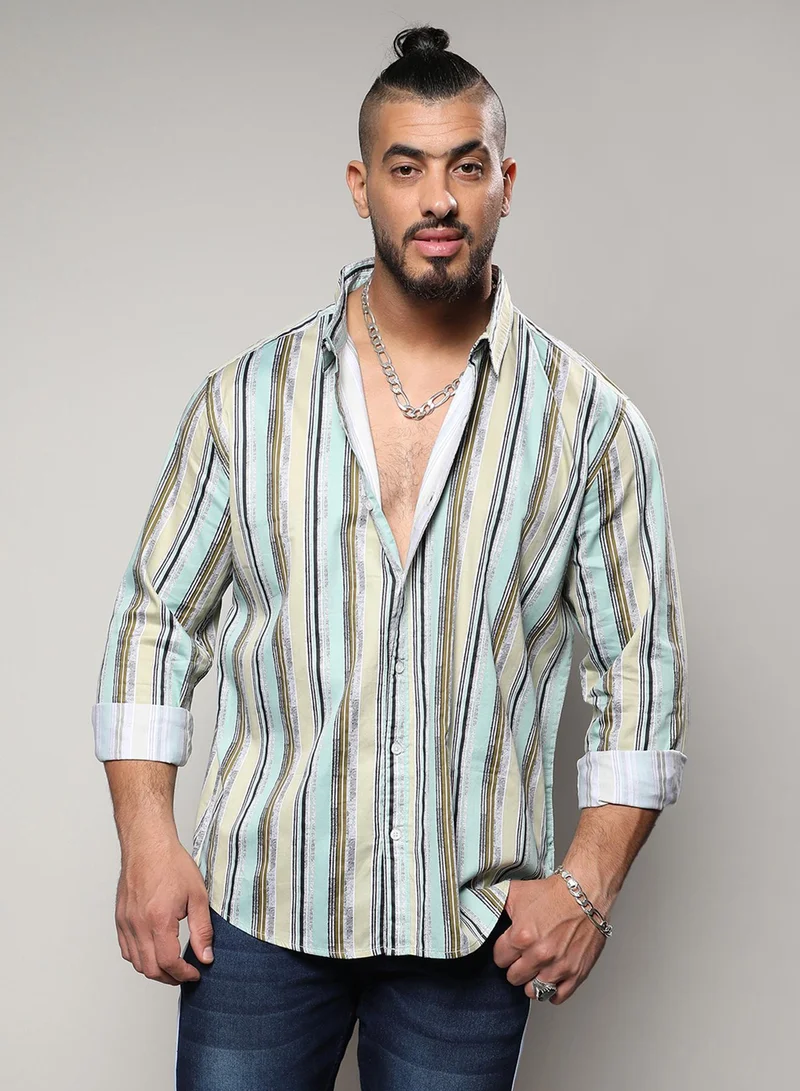 Instafab Plus Instafab Plus Men's Mint Green Faded Barcode Striped Shirt For Casual Wear | Spread Collar | Long Sleeve | Button Closure | Shirt Crafted With Comfort Fit For Everyday Wear