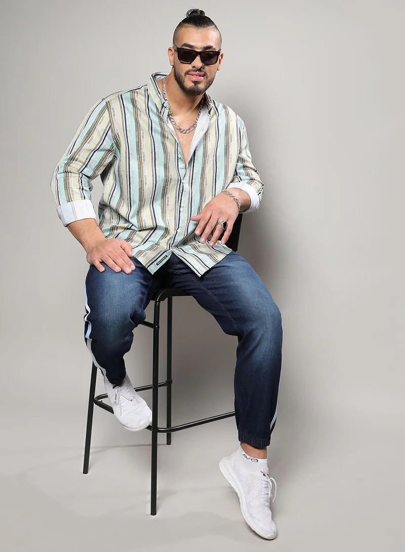Instafab Plus Instafab Plus Men's Mint Green Faded Barcode Striped Shirt For Casual Wear | Spread Collar | Long Sleeve | Button Closure | Shirt Crafted With Comfort Fit For Everyday Wear