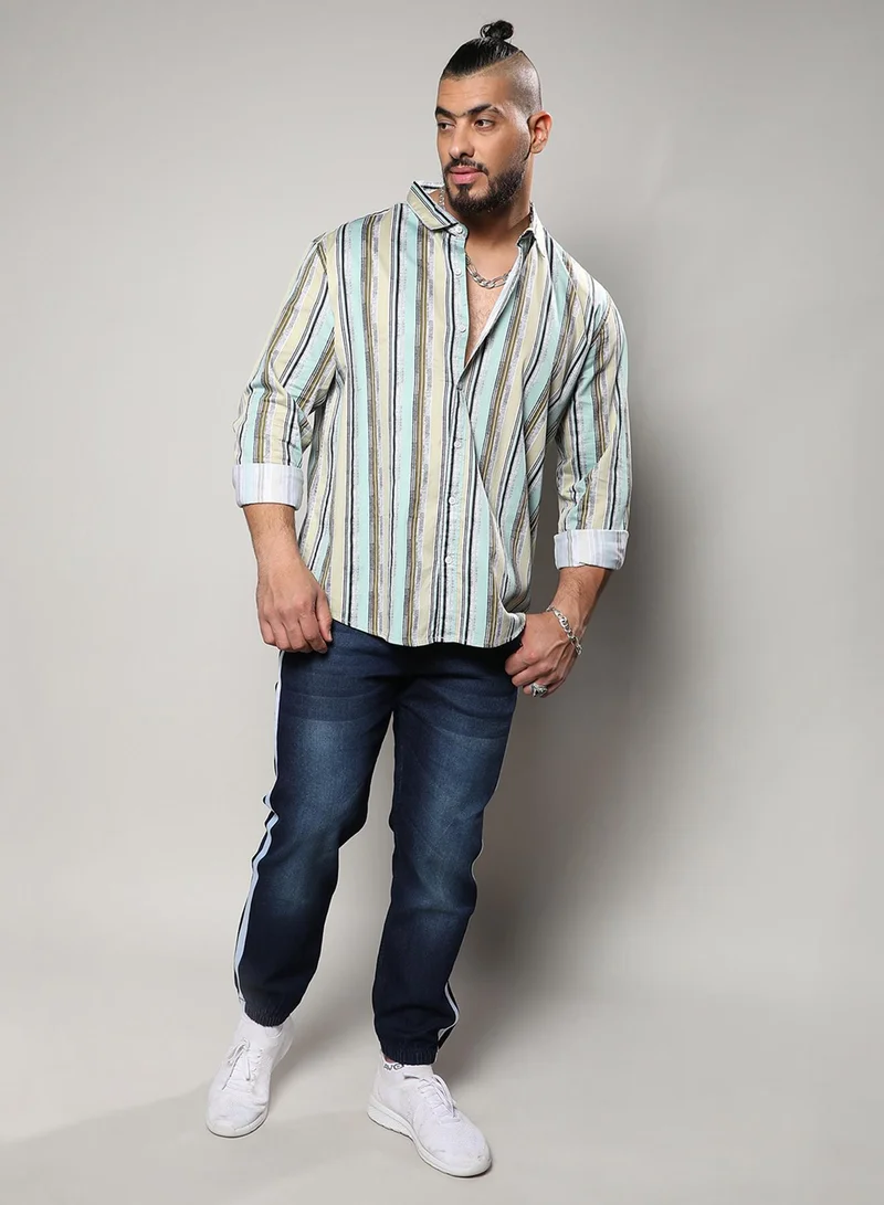 Instafab Plus Instafab Plus Men's Mint Green Faded Barcode Striped Shirt For Casual Wear | Spread Collar | Long Sleeve | Button Closure | Shirt Crafted With Comfort Fit For Everyday Wear
