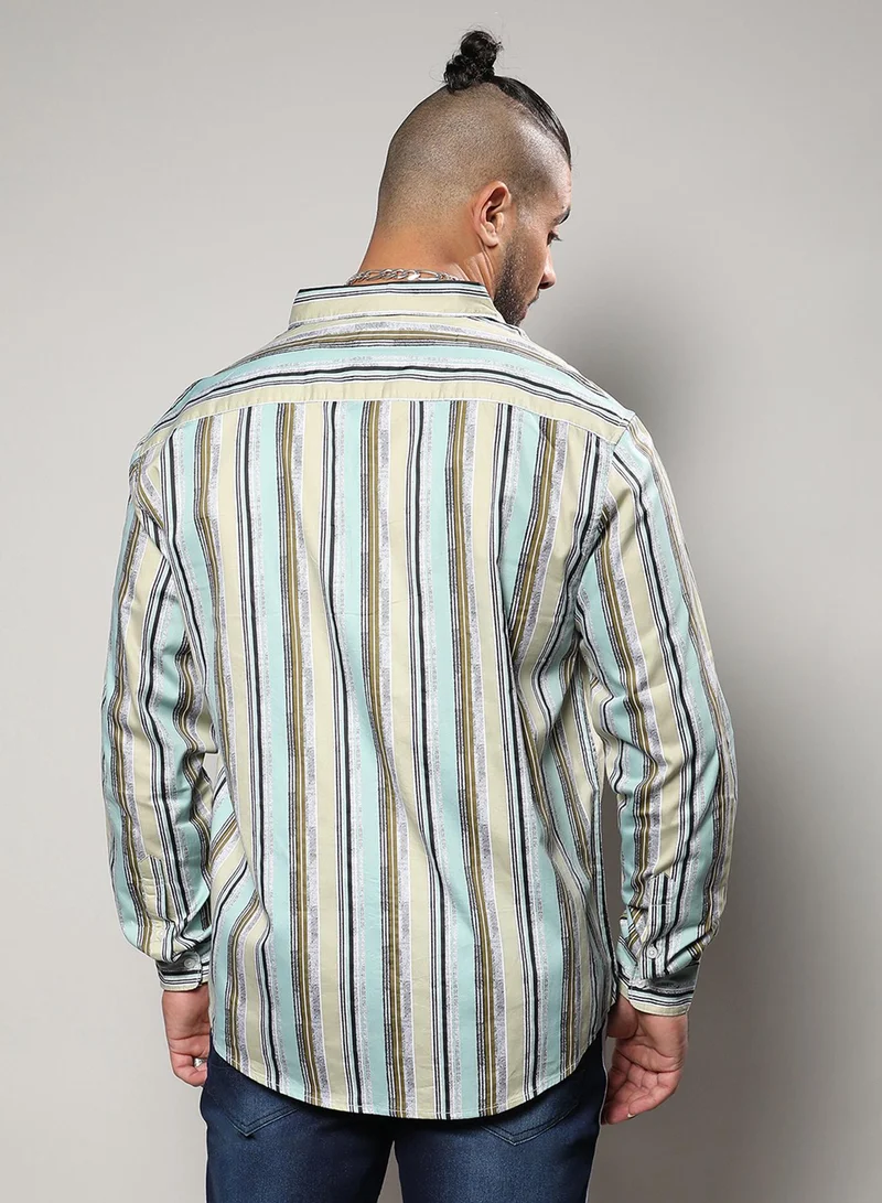 Instafab Plus Instafab Plus Men's Mint Green Faded Barcode Striped Shirt For Casual Wear | Spread Collar | Long Sleeve | Button Closure | Shirt Crafted With Comfort Fit For Everyday Wear
