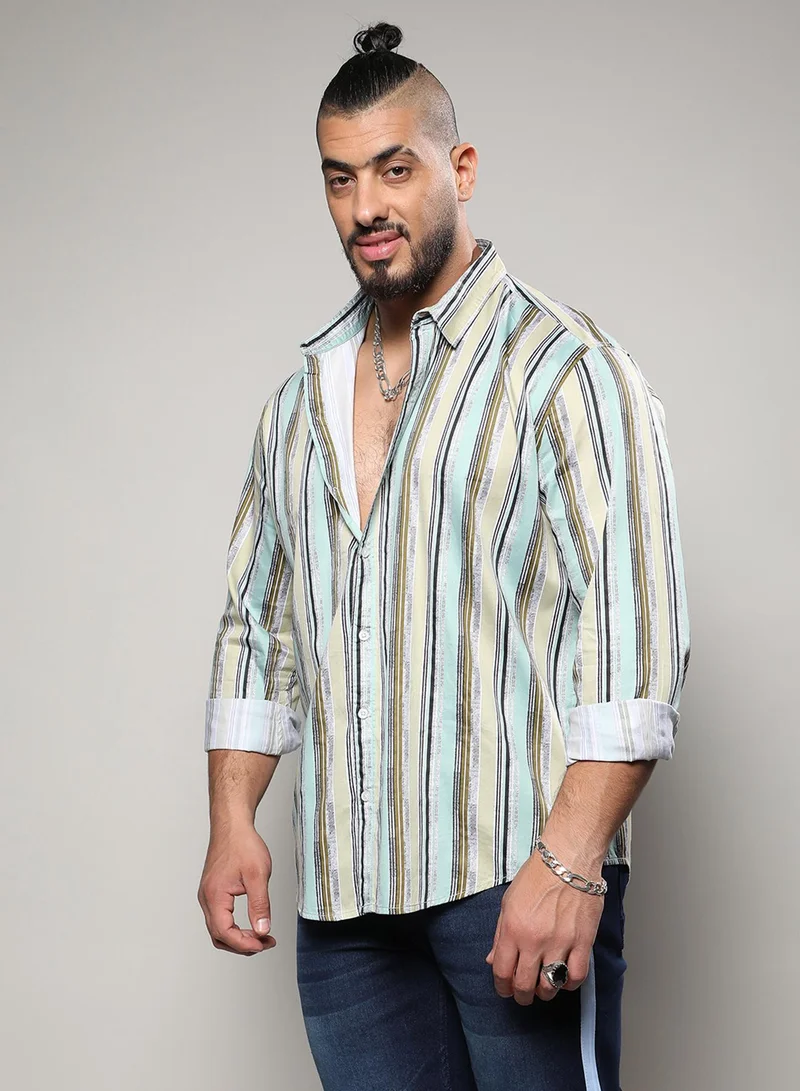 Instafab Plus Instafab Plus Men's Mint Green Faded Barcode Striped Shirt For Casual Wear | Spread Collar | Long Sleeve | Button Closure | Shirt Crafted With Comfort Fit For Everyday Wear