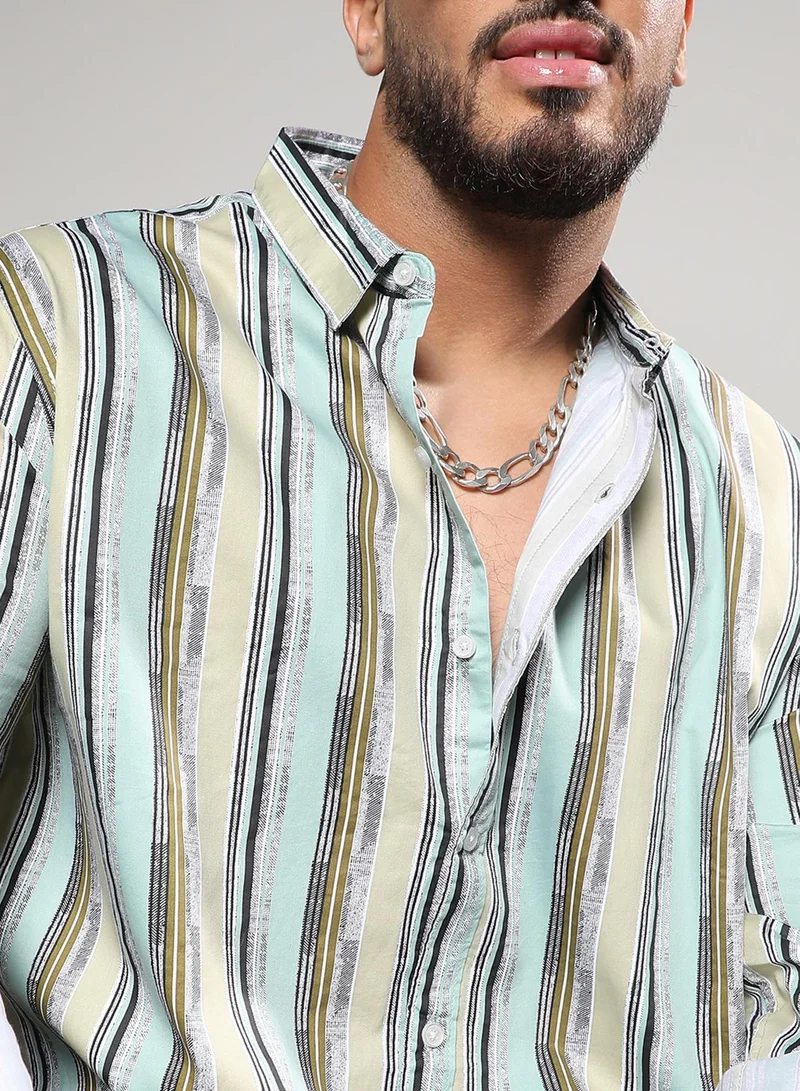 Instafab Plus Instafab Plus Men's Mint Green Faded Barcode Striped Shirt For Casual Wear | Spread Collar | Long Sleeve | Button Closure | Shirt Crafted With Comfort Fit For Everyday Wear