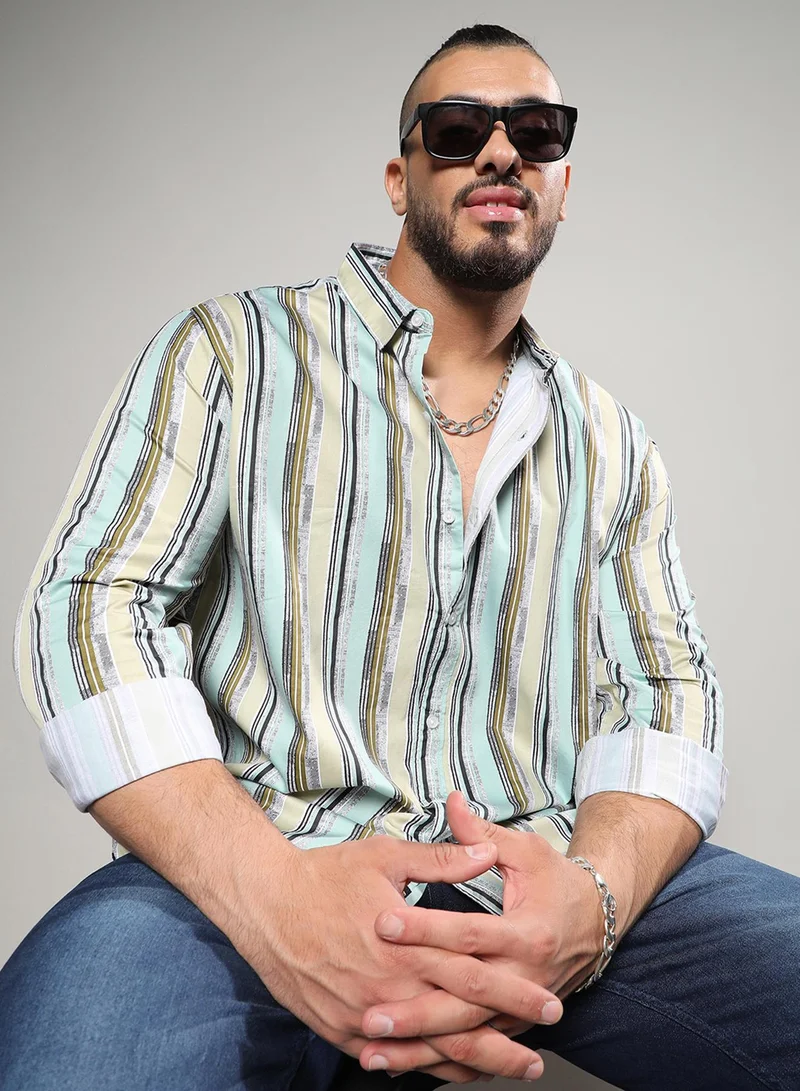 Instafab Plus Instafab Plus Men's Mint Green Faded Barcode Striped Shirt For Casual Wear | Spread Collar | Long Sleeve | Button Closure | Shirt Crafted With Comfort Fit For Everyday Wear