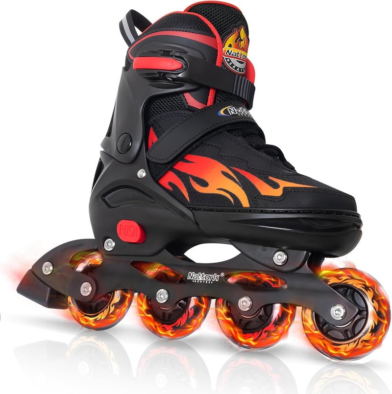 Nattork Adjustable Inline Skates for Kids and Teens, Nezha Inferno Skates Indoor and Outdoor Blades Roller with 8 Light Up Wheels for Boys Girls Youth Aged 6-16, Adult Beginners Flame Style 14 15 16 - Image 1