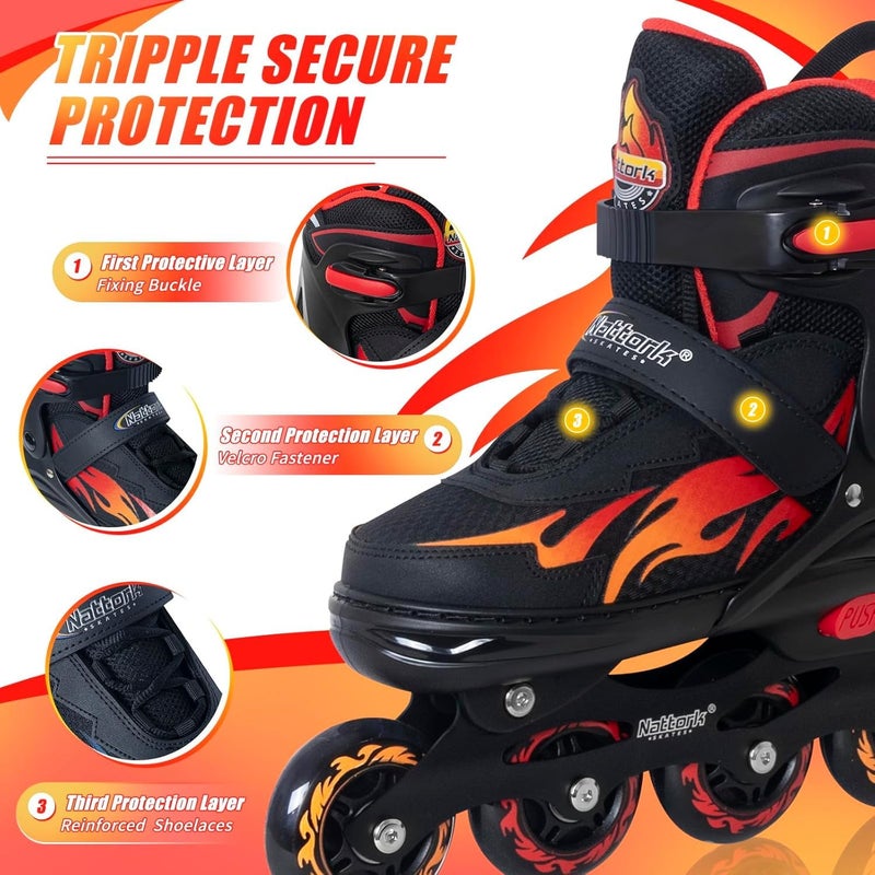 Nattork Adjustable Inline Skates for Kids and Teens, Nezha Inferno Skates Indoor and Outdoor Blades Roller with 8 Light Up Wheels for Boys Girls Youth Aged 6-16, Adult Beginners Flame Style 14 15 16 - Image 2