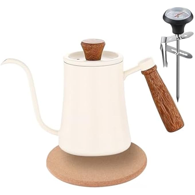 Gocoffun غلاية قهوة 550 مل، غلاية ذات عنق إوزة، إبريق شاي وقهوة مع مقياس حرارة، مقبض خشبي مقاوم للحرارة، غلاية شاي من الفولاذ المقاوم للصدأ مع فوهة طويلة ضيقة، غلاية يدوية بالتنقيط، لون أبيض - Image 1