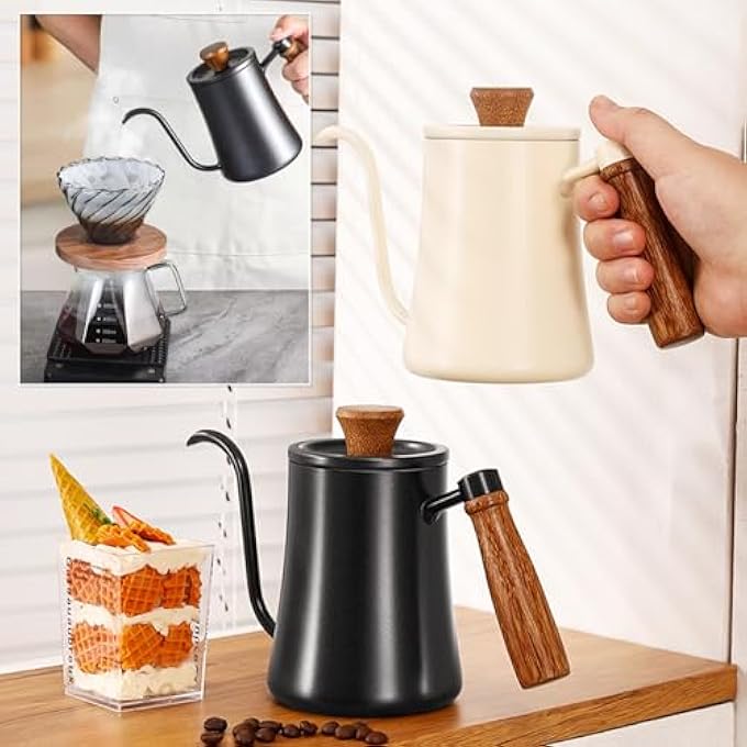 Gocoffun غلاية قهوة 550 مل، غلاية ذات عنق إوزة، إبريق شاي وقهوة مع مقياس حرارة، مقبض خشبي مقاوم للحرارة، غلاية شاي من الفولاذ المقاوم للصدأ مع فوهة طويلة ضيقة، غلاية يدوية بالتنقيط، لون أبيض - Image 2