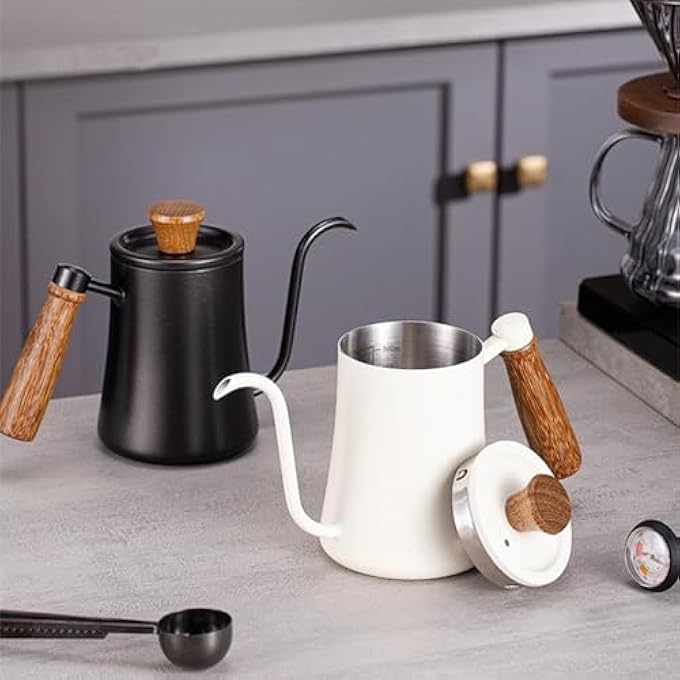 Gocoffun غلاية قهوة 550 مل، غلاية ذات عنق إوزة، إبريق شاي وقهوة مع مقياس حرارة، مقبض خشبي مقاوم للحرارة، غلاية شاي من الفولاذ المقاوم للصدأ مع فوهة طويلة ضيقة، غلاية يدوية بالتنقيط، لون أبيض - Image 5