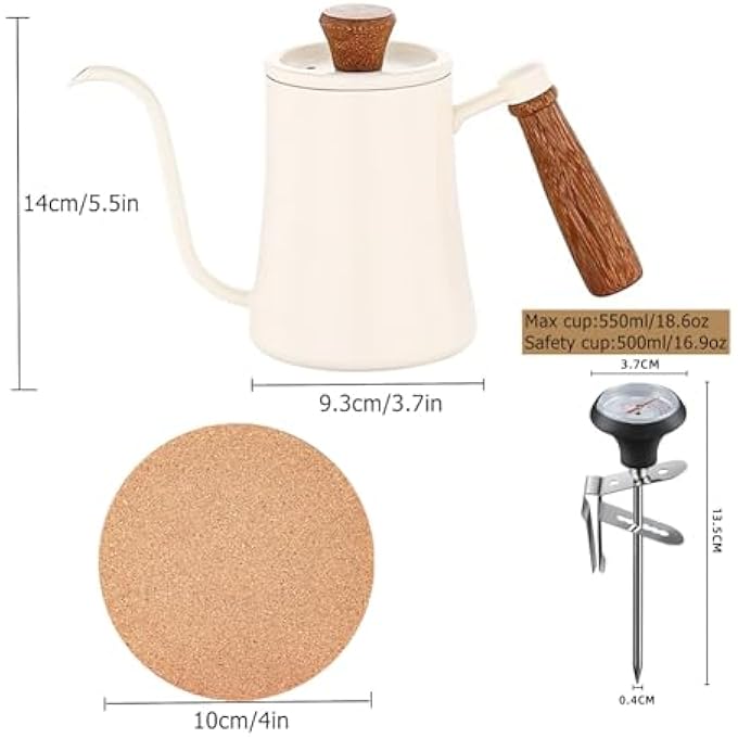 Gocoffun غلاية قهوة 550 مل، غلاية ذات عنق إوزة، إبريق شاي وقهوة مع مقياس حرارة، مقبض خشبي مقاوم للحرارة، غلاية شاي من الفولاذ المقاوم للصدأ مع فوهة طويلة ضيقة، غلاية يدوية بالتنقيط، لون أبيض - Image 3
