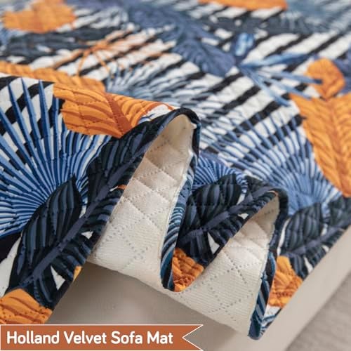 HOKIPO 'LiefNest' Holland Velvet Sofa Cover Mat with Foam Filling for 1/2/3 Seater & L-Shape Sofa. Make Your Own Sofa Cover Set, Mat Size: 120(L) cm, Tropical Leaves Dusk Blue (IN-822-D5) - Image 2