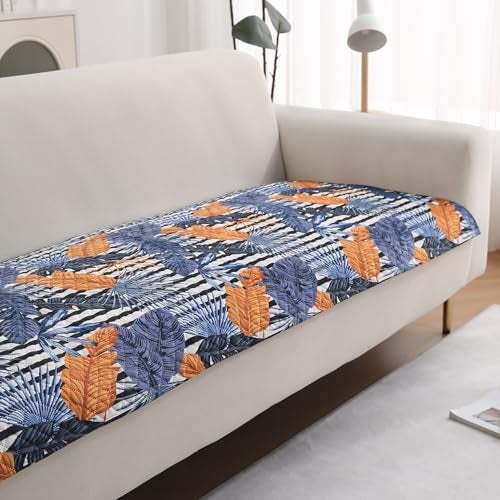 HOKIPO 'LiefNest' Holland Velvet Sofa Cover Mat with Foam Filling for 1/2/3 Seater & L-Shape Sofa. Make Your Own Sofa Cover Set, Mat Size: 120(L) cm, Tropical Leaves Dusk Blue (IN-822-D5) - Image 1
