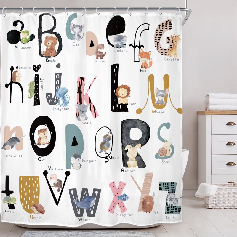 Riyidecor Kids ABC Learning Alphabet Shower Curtain for Bathroom Decor 60Wx72H Educational Study Boys Baby Children Funny Large A to Z Art Printed Fabric Polyester Waterproof 12 Pack Plastic Hooks - Image 2