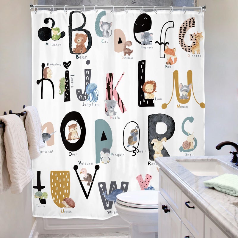 Riyidecor Kids ABC Learning Alphabet Shower Curtain for Bathroom Decor 60Wx72H Educational Study Boys Baby Children Funny Large A to Z Art Printed Fabric Polyester Waterproof 12 Pack Plastic Hooks - Image 4