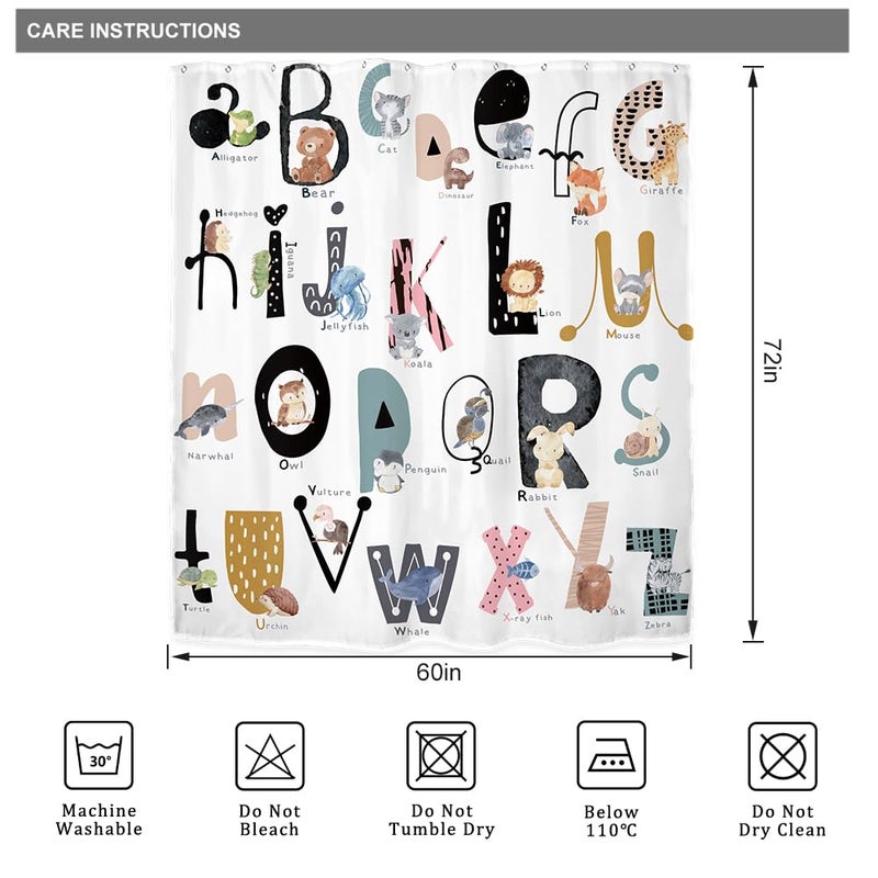 Riyidecor Kids ABC Learning Alphabet Shower Curtain for Bathroom Decor 60Wx72H Educational Study Boys Baby Children Funny Large A to Z Art Printed Fabric Polyester Waterproof 12 Pack Plastic Hooks - Image 5