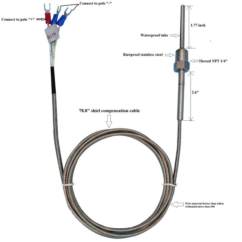 Jaybva Waterproof RTD PT100 Temperature Sensor - Stainless Steel 3 Wire Thermistor Probe for PID Temperature Controller NPT 1/4" Inch Pipe Thread with Insulation Lead Shield Wire -50~500℃ with 2m Wire - Image 4