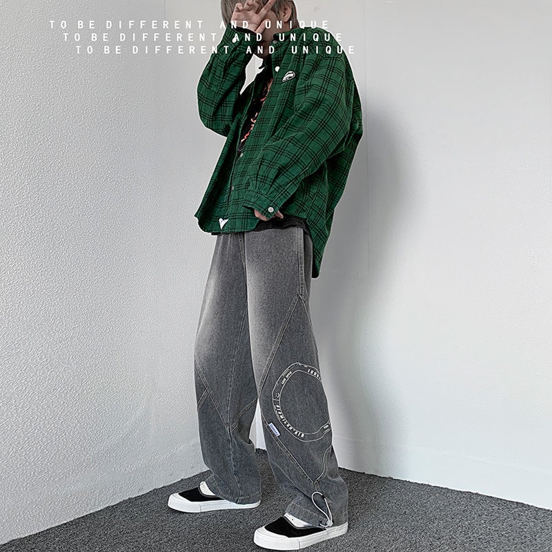 Generic Jeans Mens Spring Design Sense Straight Tube Loose Wide Leg Pants for Ripper Handsome ins Trendy Brand Printed Dads Pants Black Gray - Image 1