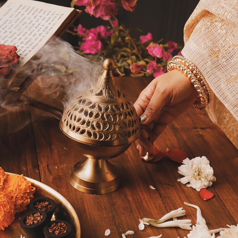 Ritualistic Heritage Brass Hand LobanGold Dhoop Dhuni Burner Sambrani Dhoop Resin and Home Office Temple Prayer Antique lubandan Incense Burner Dhuni - Image 5