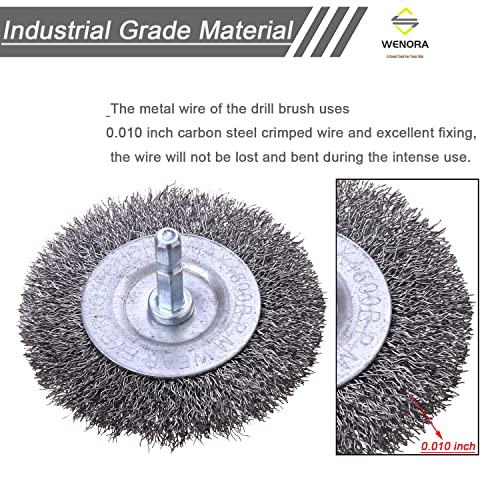 WENORA 6 Pack Wire Wheel Brush for Drill - 1/4 Inch Hex Shank, Coarse Carbon Steel Crimped Wire Wheel for Cleaning Rust - Image 3
