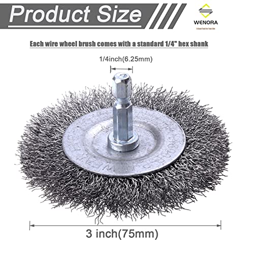 WENORA 6 Pack Wire Wheel Brush for Drill - 1/4 Inch Hex Shank, Coarse Carbon Steel Crimped Wire Wheel for Cleaning Rust - Image 2