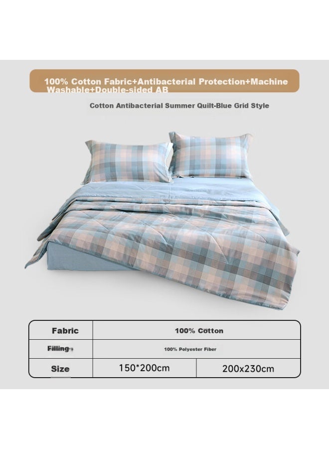 Mlily Summer Cool Cotton 100% Cotton Air Conditioning Quilt Summer Pure Cotton Summer Cool Quilt Machine Washable Fiber Quilt Blue Grid