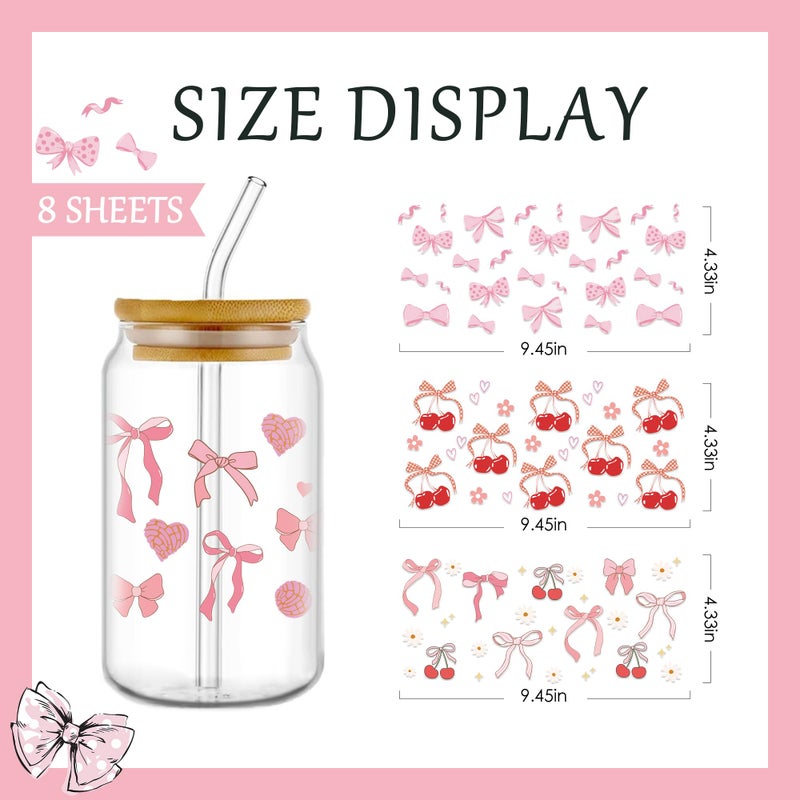 AFRITEE UV DTF Cup Wrap - 8 Sheets Coquette Bows Cold Transfer Stickers for Glass Cups, Pink Love Floral Decals for DIY 16 oz Tumbler Water Bottle Craft Gift for Women - Image 5