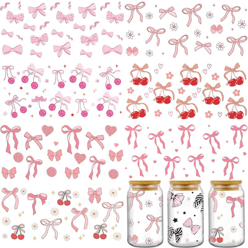 AFRITEE UV DTF Cup Wrap - 8 Sheets Coquette Bows Cold Transfer Stickers for Glass Cups, Pink Love Floral Decals for DIY 16 oz Tumbler Water Bottle Craft Gift for Women - Image 1