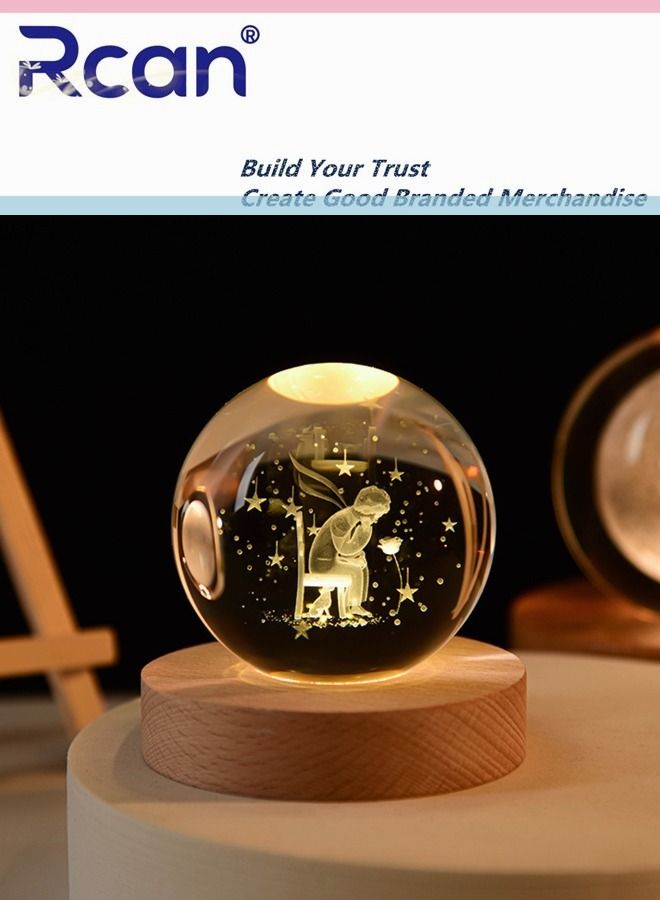 Rcan Rose And Little Prince 3D Crystal Ball Glass Luminous Night Lamp For Kids Women Commemorative Gifts Graduation Season Gifts Birthday Gifts Valentine's Day Gifts - Image 2
